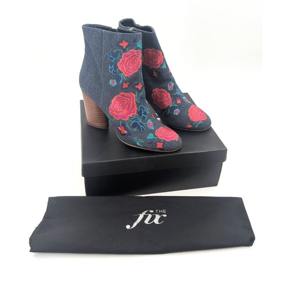 The Fix Nash Oval Heel Ankle Bootie Zip Floral Embroidery Indigo Denim Size 10 - Picture 2 of 7